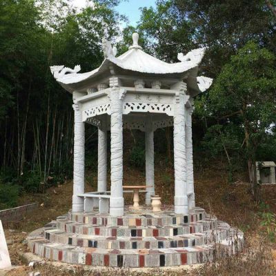 漢白玉六角石雕亭子，公園園林休息涼亭