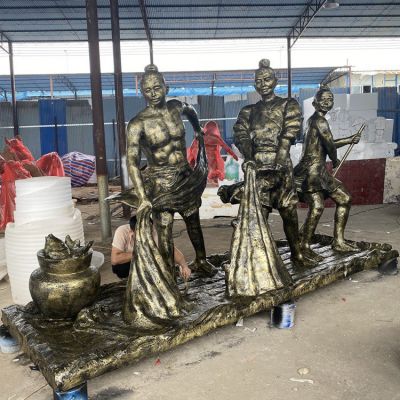 捕魚，玻璃鋼仿銅民俗生活人物情景雕塑