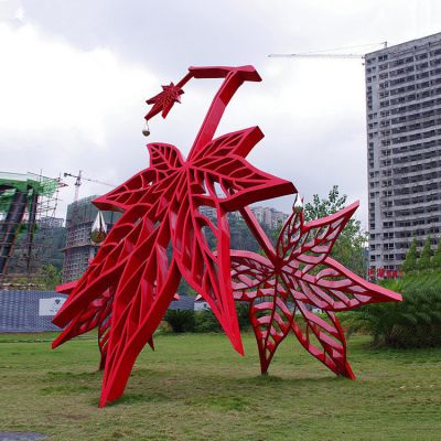 不銹鋼樹葉景觀擺件，紅色楓葉不銹鋼雕塑
