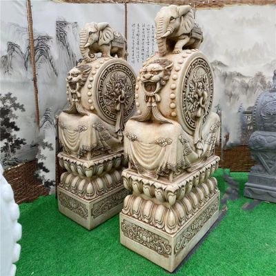 漢白玉大象抱鼓石，仿古做舊大門門墩