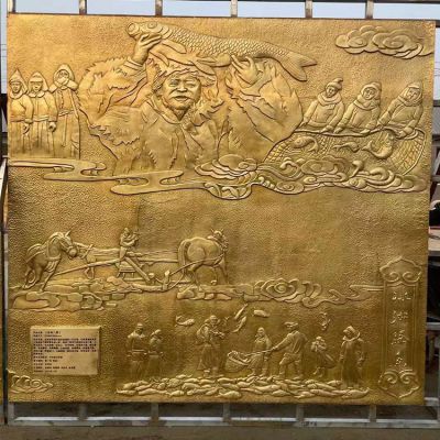冰湖騰魚，漁文化主題浮雕，銅雕壁畫