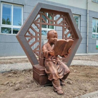 古代看書的小孩，校園鑄銅鍛銅創(chuàng)意學(xué)習(xí)廣場書籍雕塑