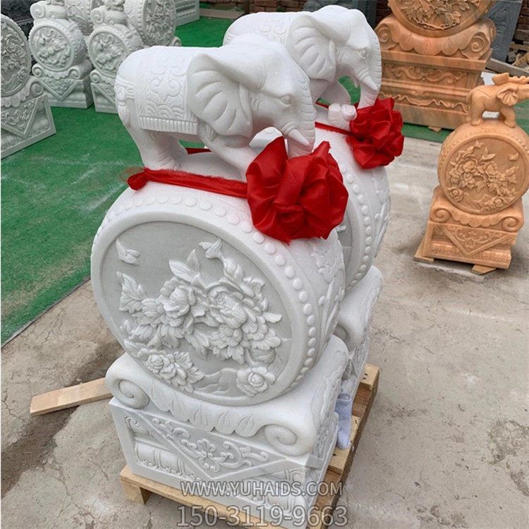 大理石雕刻企業(yè)門口裝飾小象招財(cái)抱鼓石門墩雕塑