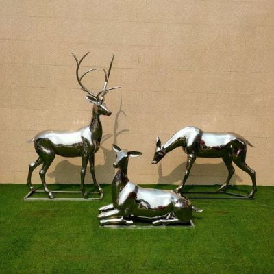 小區公園抽象不銹鋼鏡面母子鹿擺件 多種材質樣式