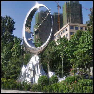 不銹鋼假山+大雁+月亮，景觀山水創意雕塑