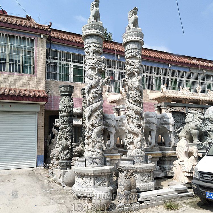 盤龍柱，花崗巖高浮雕龍柱子雕塑