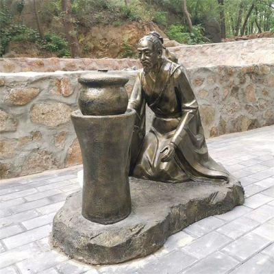 煎藥古代人物，中醫文化熬制中藥玻璃鋼仿銅情景雕塑