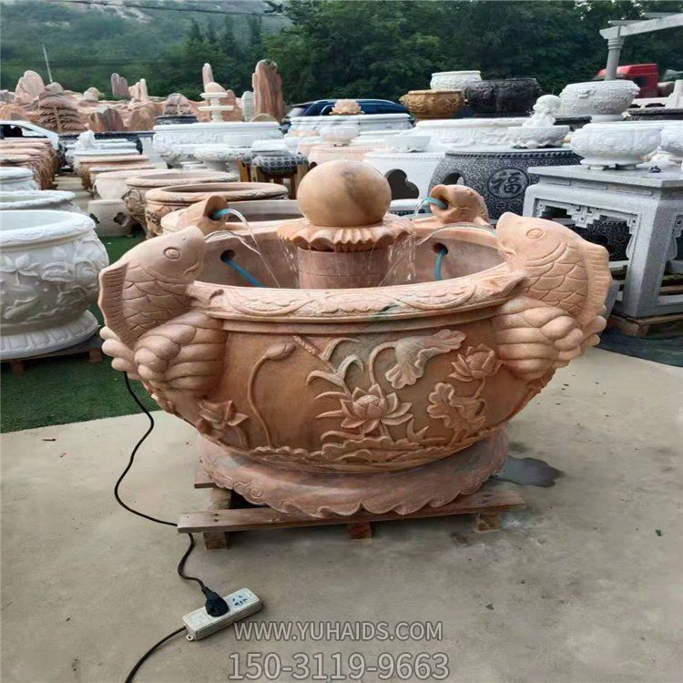 天然石材晚霞紅浮雕荷花鯉魚(yú)噴水風(fēng)水珠水缸雕塑