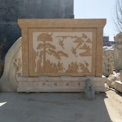 花崗巖天然石材雕刻中式松鶴延年壁畫(huà)庭院裝飾影壁墻