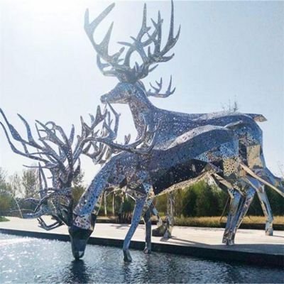 戶外噴泉水景大型不銹鋼鏤空，梅花鹿擺件