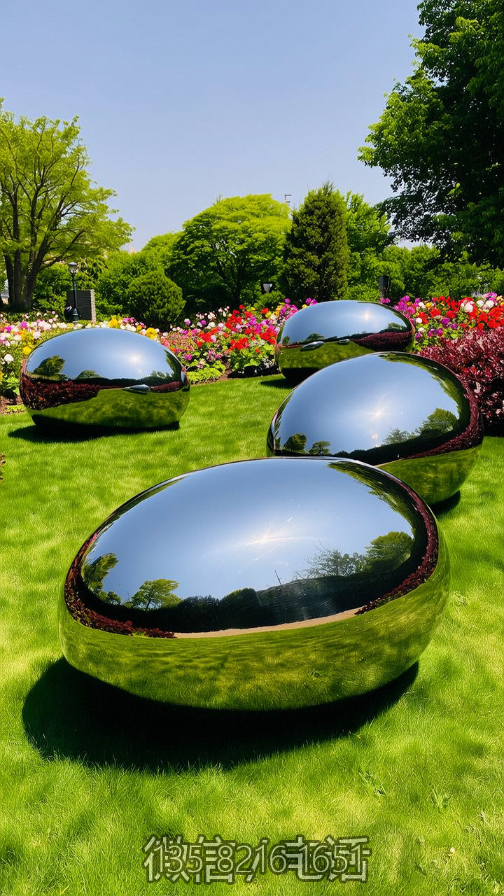 公園草坪鏡面不銹鋼鵝卵石圓球雕塑擺件