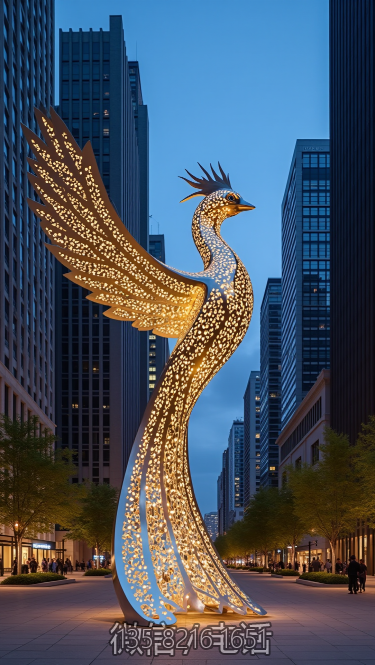 鏤空不銹鋼發(fā)光鳳凰景觀雕塑