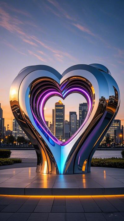 鏡面發(fā)光不銹鋼比心雕塑