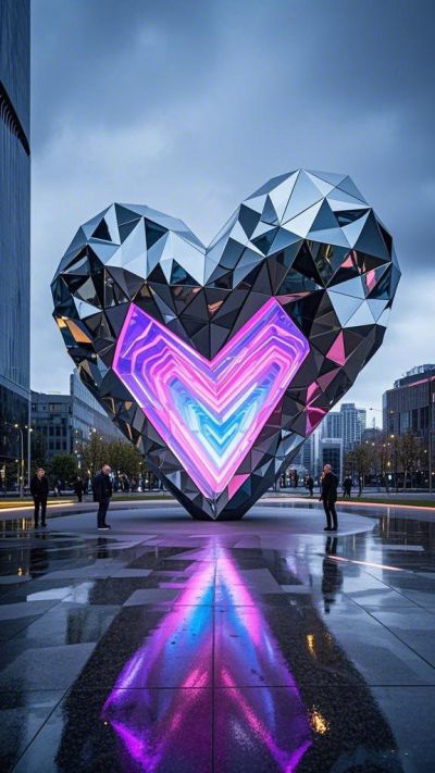 幾何塊面不銹鋼發(fā)光愛(ài)心雕塑