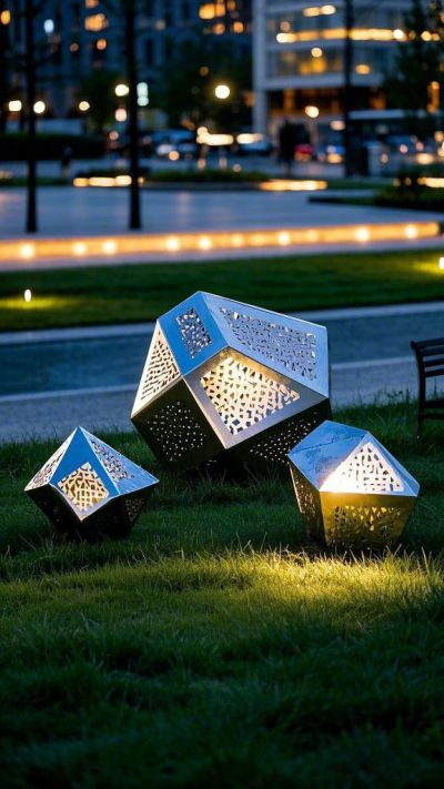 鏤空發(fā)光不銹鋼幾何石頭雕塑