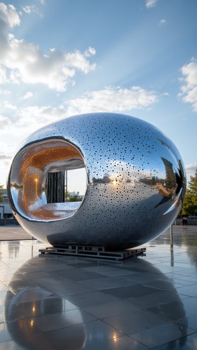 鏡面不銹鋼鏤空橢圓球景觀雕塑