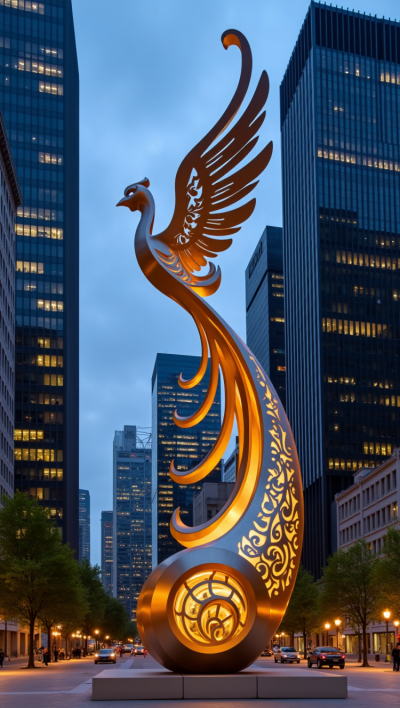 大型不銹鋼鏤空發(fā)光鳳凰雕塑