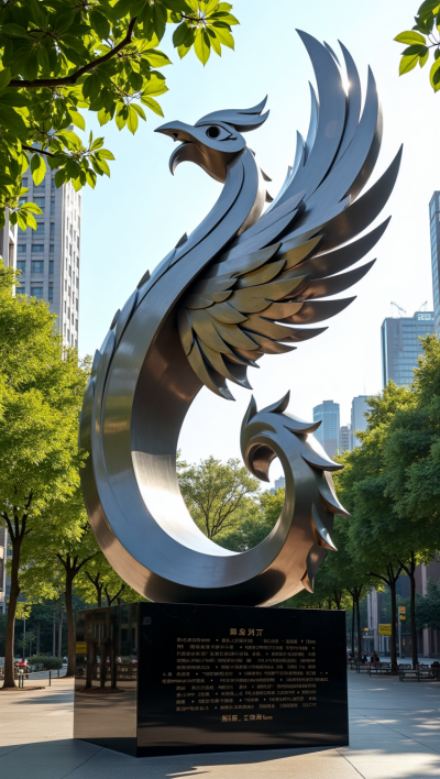 公園里的抽象不銹鋼鳳凰雕塑