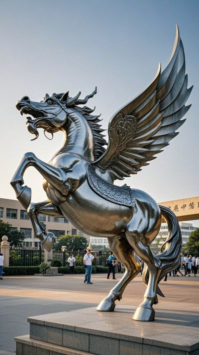 鏡面不銹鋼帶翅膀的龍馬雕塑