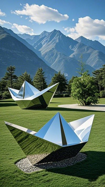 園林草坪不銹鋼鏡面小船雕塑