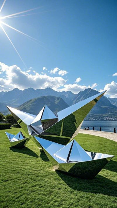 鏡面不銹鋼折紙小船雕塑擺件