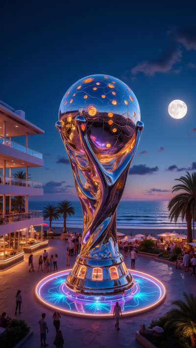 鏡面不銹鋼鏤空發(fā)光世界杯景觀雕塑