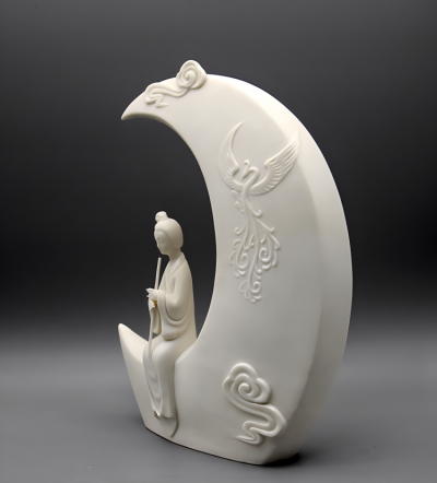 坐在月亮上吹簫的古代美女漢白玉石雕景觀