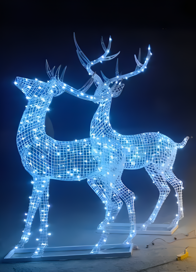 花園景觀裝飾擺件不銹鋼金屬網格抽象發光梅花鹿雕塑