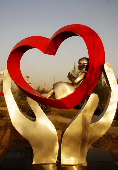 呵護(hù)，不銹鋼手捧愛心小女孩的雕塑